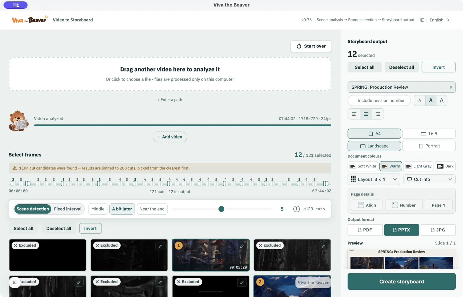 The Viva app after analyzing Spring: 121 cuts found, 12 frames selected, and a preview of the board on the right